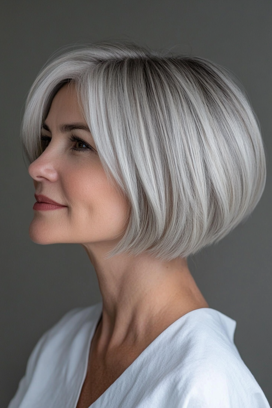 11. Short Stacked Bob in Steel Gray (Short Layered Bob Hairstyles For Older Women) - Short Layered Bob Hairstyles For Older Women