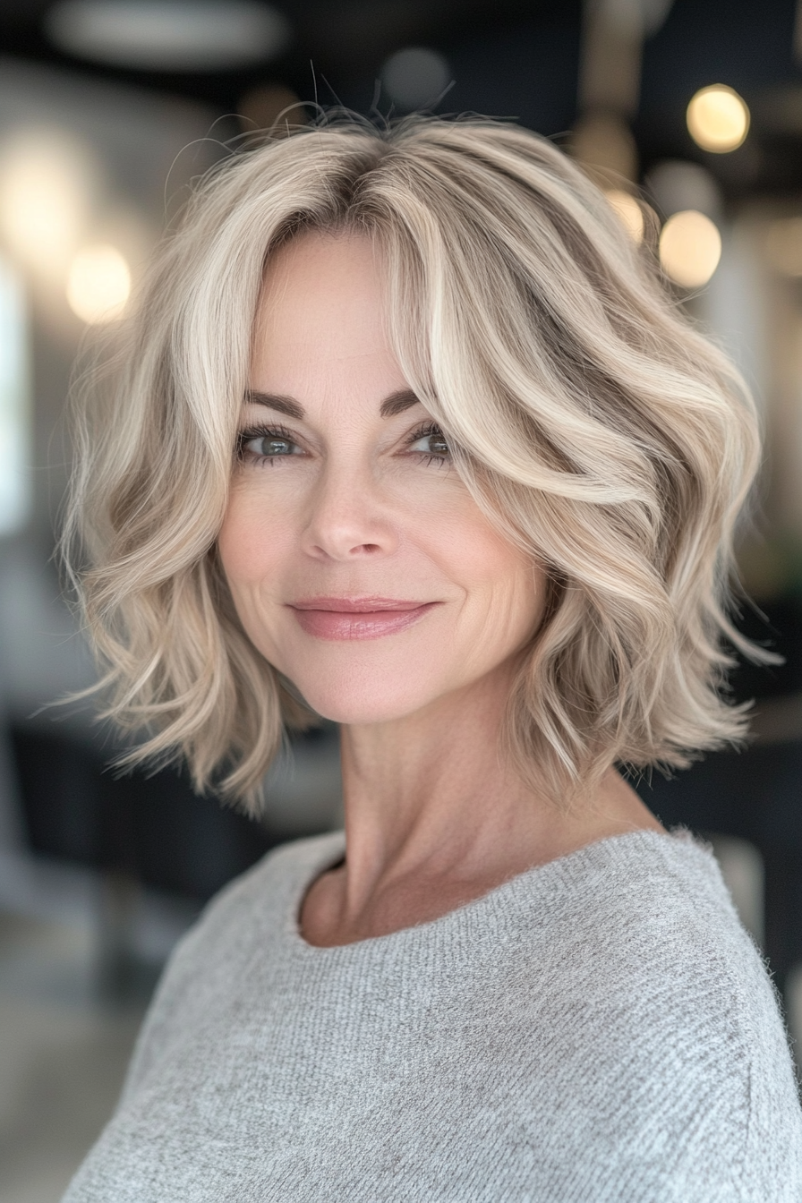 12. Wavy Bob in Light Ash Blonde (Short Layered Bob Hairstyles For Older Women) - Short Layered Bob Hairstyles For Older Women