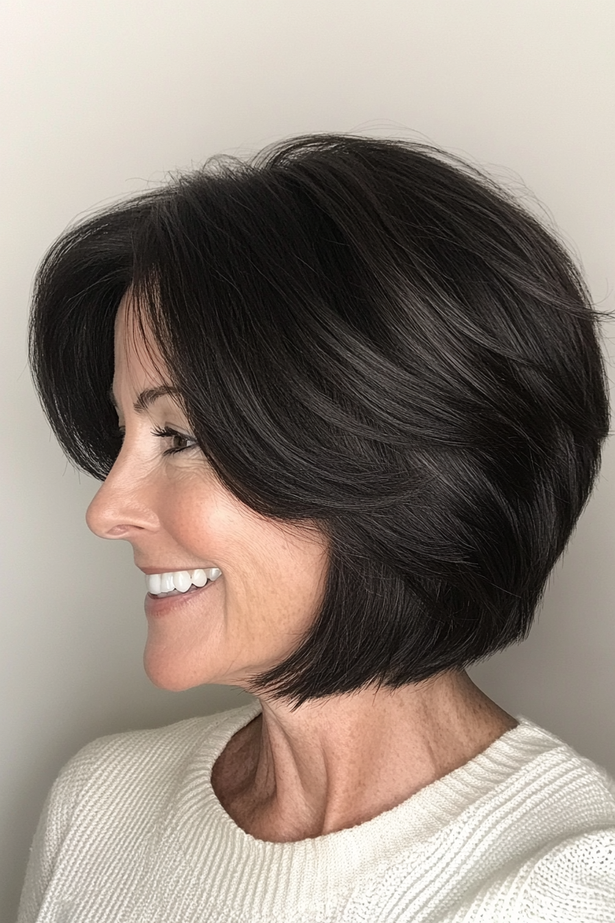 13. Side-Swept Bob in Natural Black (Short Layered Bob Hairstyles For Older Women) - Short Layered Bob Hairstyles For Older Women