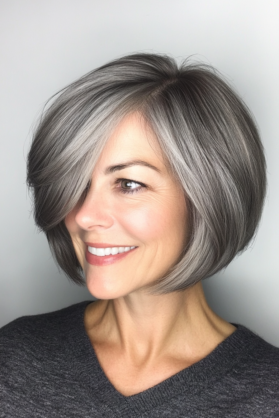 15. Rounded Bob in Charcoal Gray (Short Layered Bob Hairstyles For Older Women) - Short Layered Bob Hairstyles For Older Women