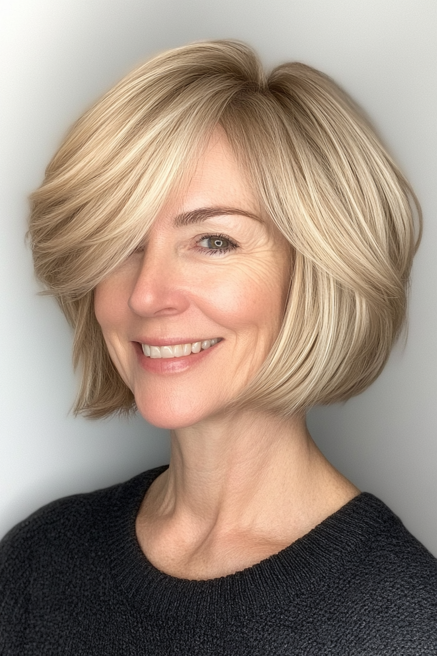 17. Layered Bob with Bangs in Sand Beige (Short Layered Bob Hairstyles For Older Women) - Short Layered Bob Hairstyles For Older Women