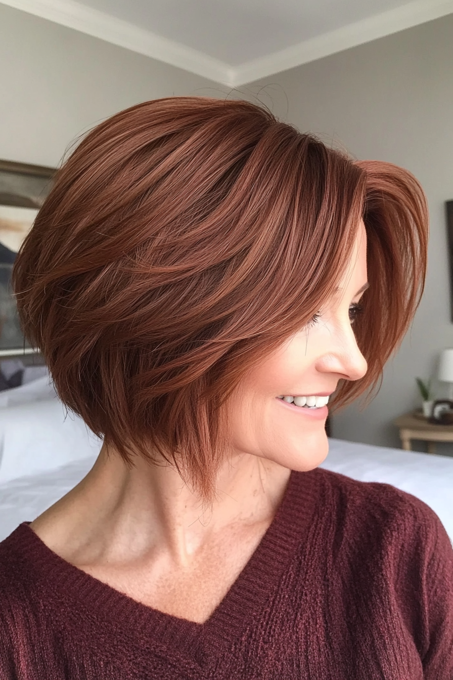 18. Messy Bob in Rich Mahogany (Short Layered Bob Hairstyles For Older Women) - Short Layered Bob Hairstyles For Older Women