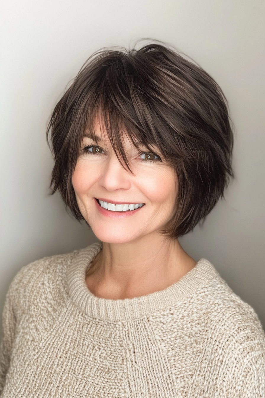 21. Fringed Bob in Dark Espresso (Short Layered Bob Hairstyles For Older Women) - Short Layered Bob Hairstyles For Older Women