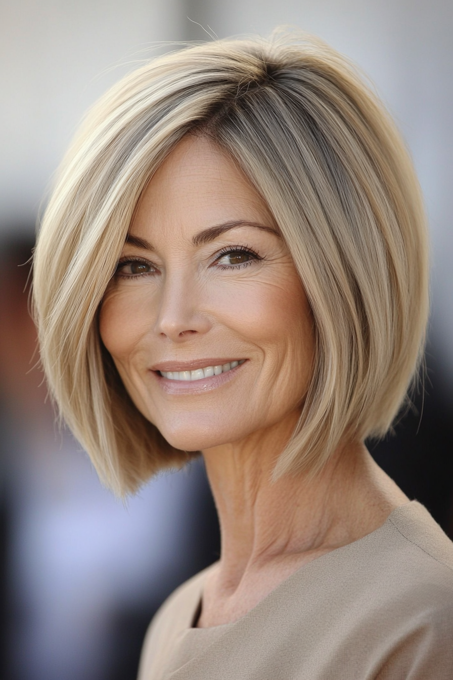 26. Angled Bob in Warm Beige Blonde (Short Layered Bob Hairstyles For Older Women) - Short Layered Bob Hairstyles For Older Women