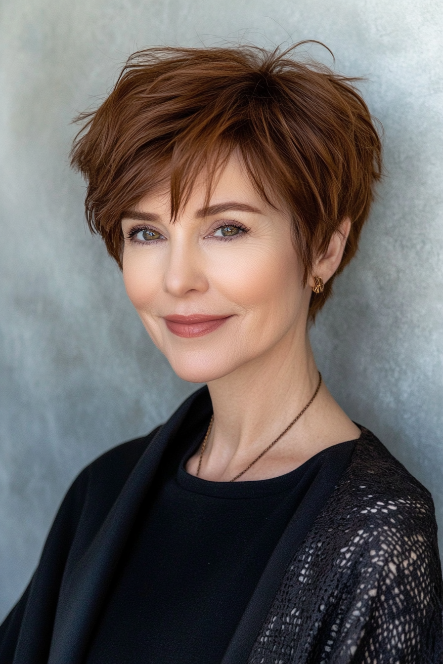 2. Textured Pixie in Warm Chestnut (Short Hairstyles For Women Over 50) - Short Hairstyles For Women Over 50