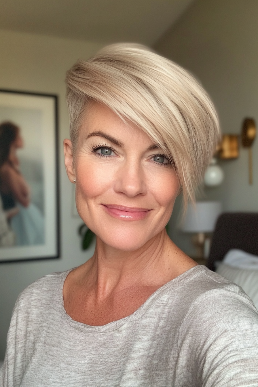 8. Side-Swept Pixie in Sandy Blonde (Short Hairstyles For Women Over 50) - Short Hairstyles For Women Over 50