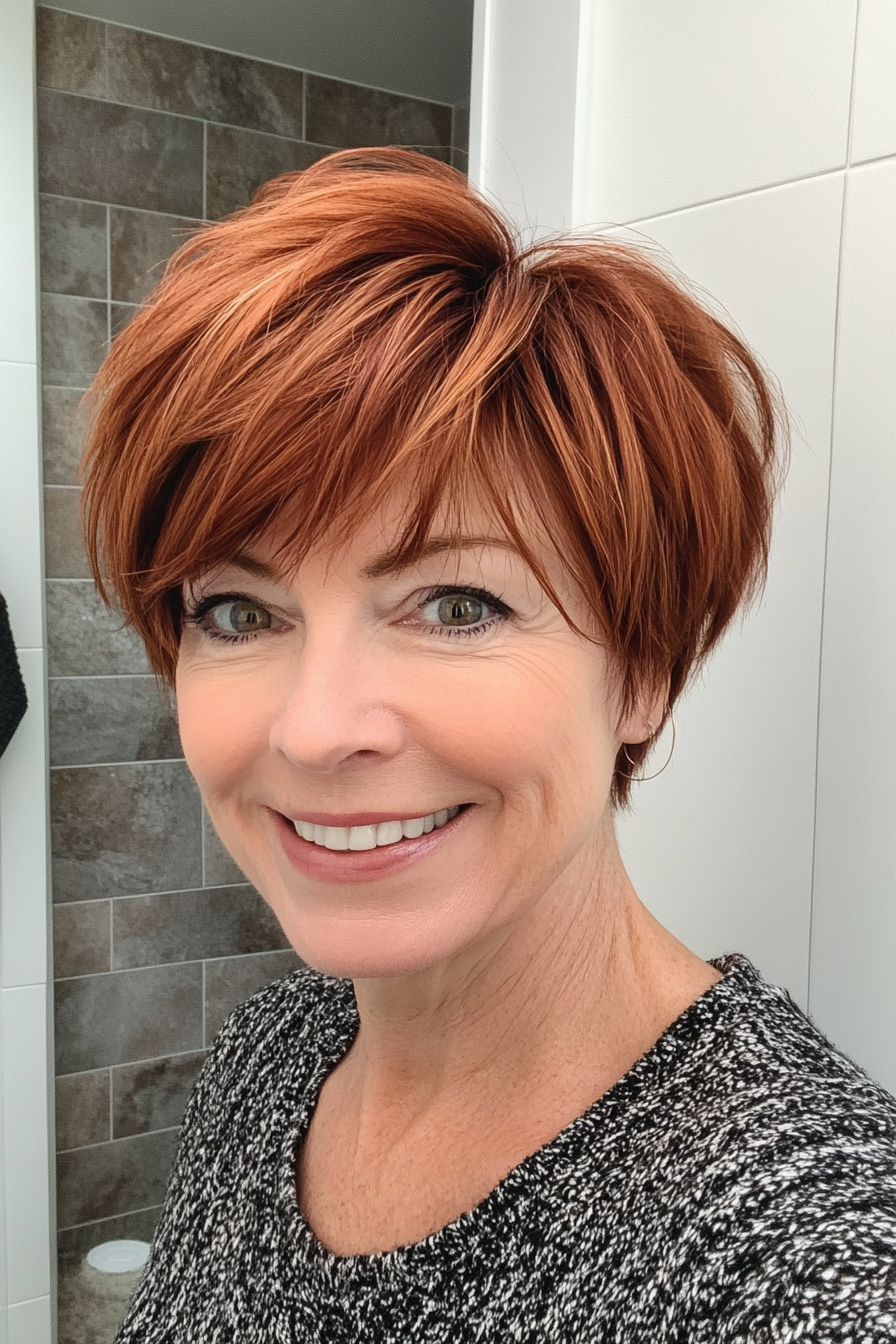 26. Short Bangs with Auburn Layers (Short Hairstyles For Women Over 50) - Short Hairstyles For Women Over 50