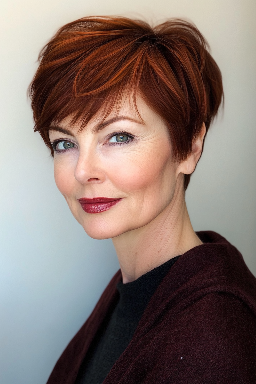 27. Undercut Pixie in Warm Mahogany (Short Hairstyles For Women Over 50) - Short Hairstyles For Women Over 50