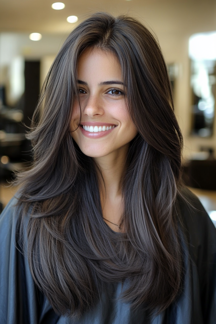 3. Long Wispy Layers in Dark Chocolate (Hairstyles For Thin Straight Hair) - Hairstyles For Thin Straight Hair
