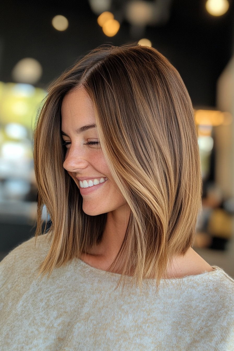9. Textured Lob with Caramel Balayage (Hairstyles For Thin Straight Hair) - Hairstyles For Thin Straight Hair