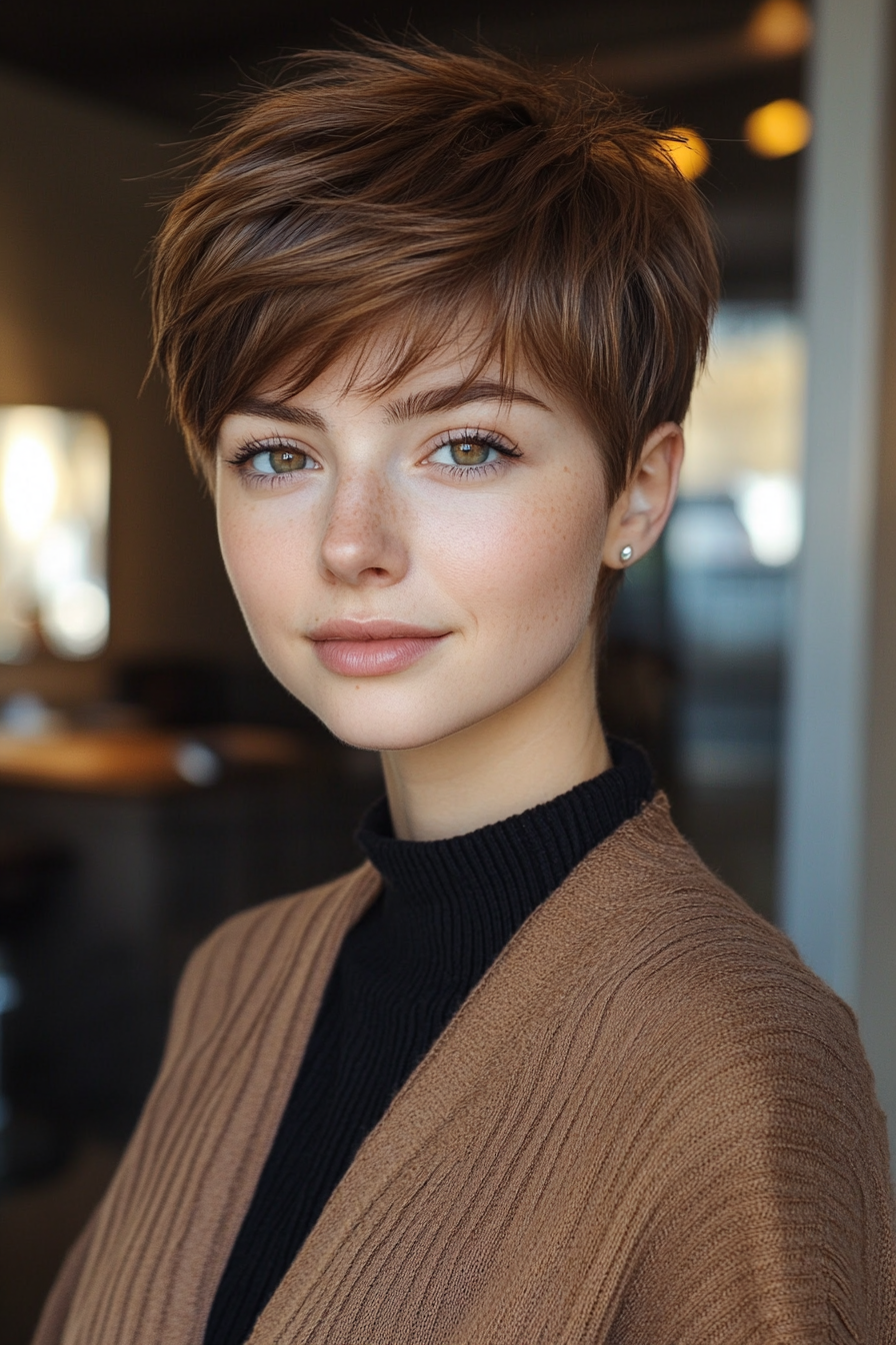 12. Choppy Pixie in Chestnut Brown (Hairstyles For Thin Straight Hair) - Hairstyles For Thin Straight Hair