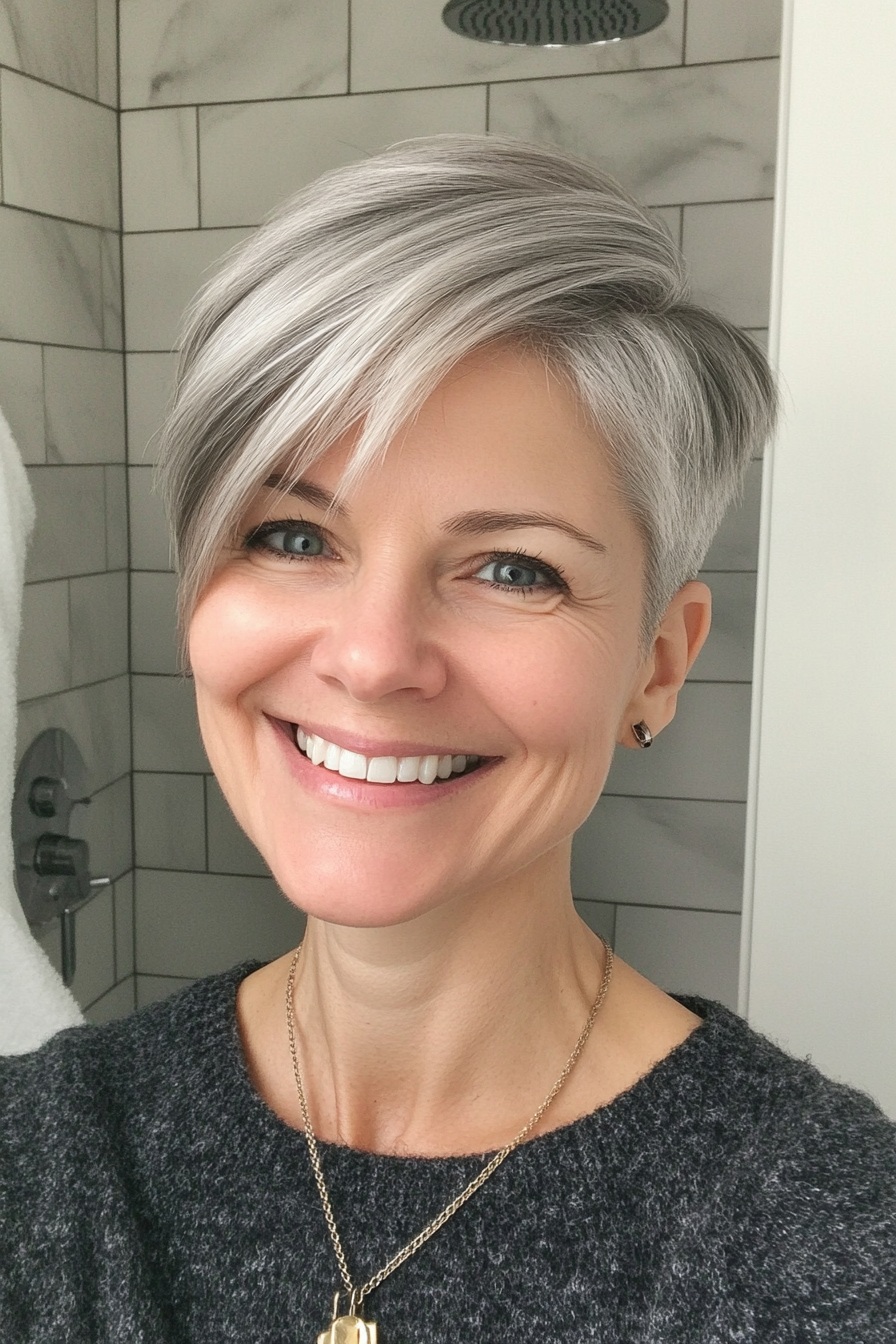 16. Straight Pixie with Natural Gray (Hairstyles For Thin Straight Hair) - Hairstyles For Thin Straight Hair