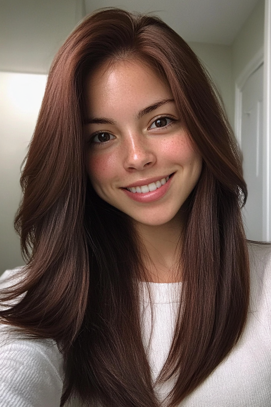 19. Side-Swept Layers in Mahogany Brown (Hairstyles For Thin Straight Hair) - Hairstyles For Thin Straight Hair