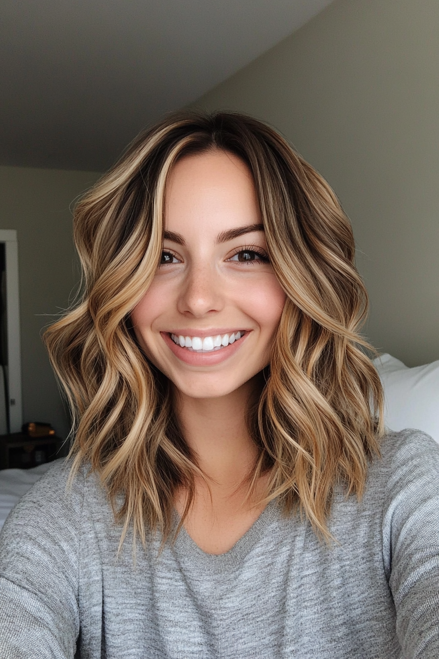 3. Wavy Shag with Honey Highlights (Shoulder Length Hairstyles) - Shoulder Length Hairstyles