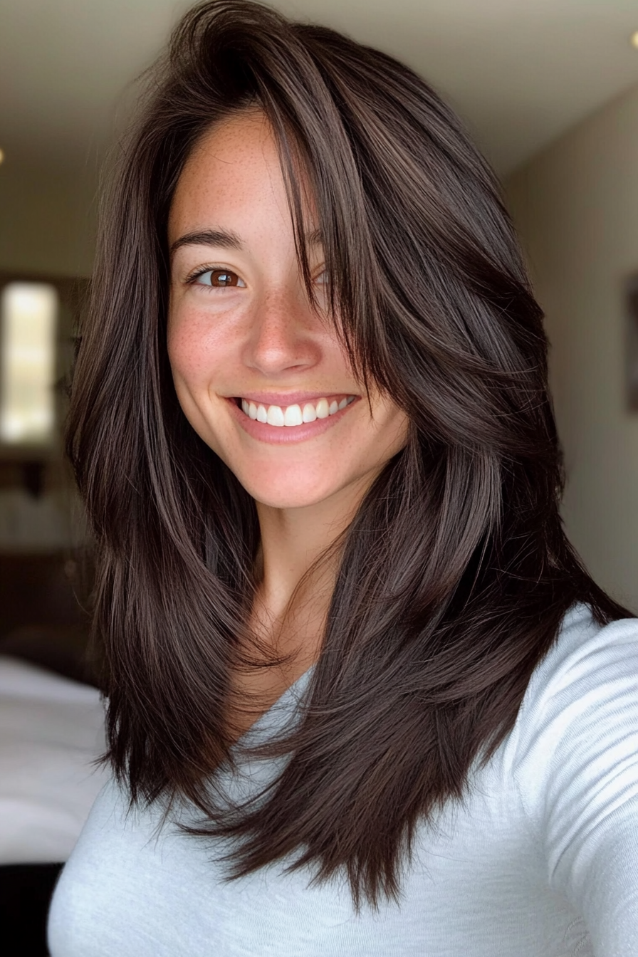 5. Feathered Layers with Dark Chocolate (Shoulder Length Hairstyles) - Shoulder Length Hairstyles