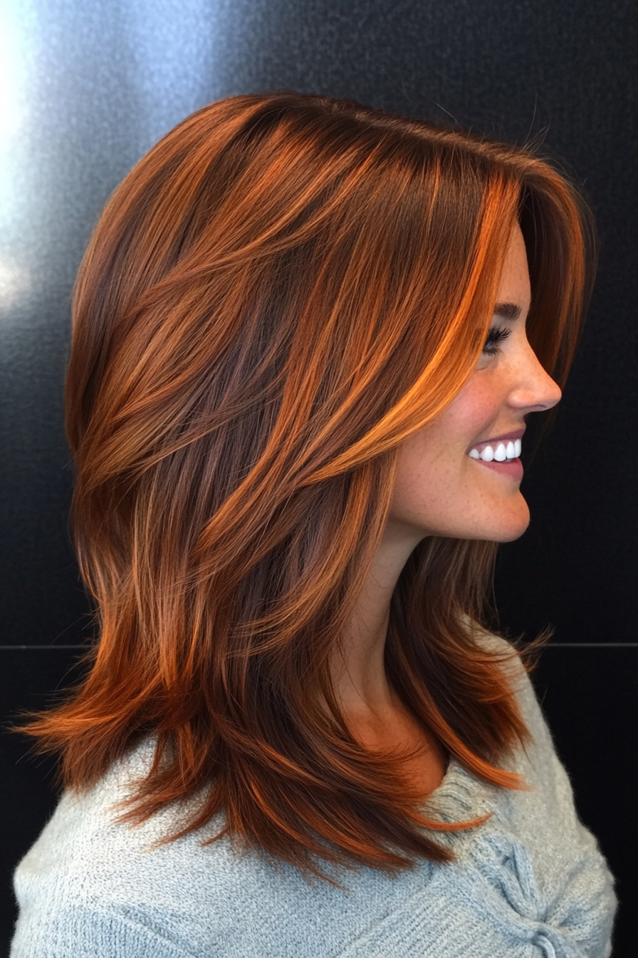 10. Layered Cut with Auburn Highlights (Shoulder Length Hairstyles) - Shoulder Length Hairstyles