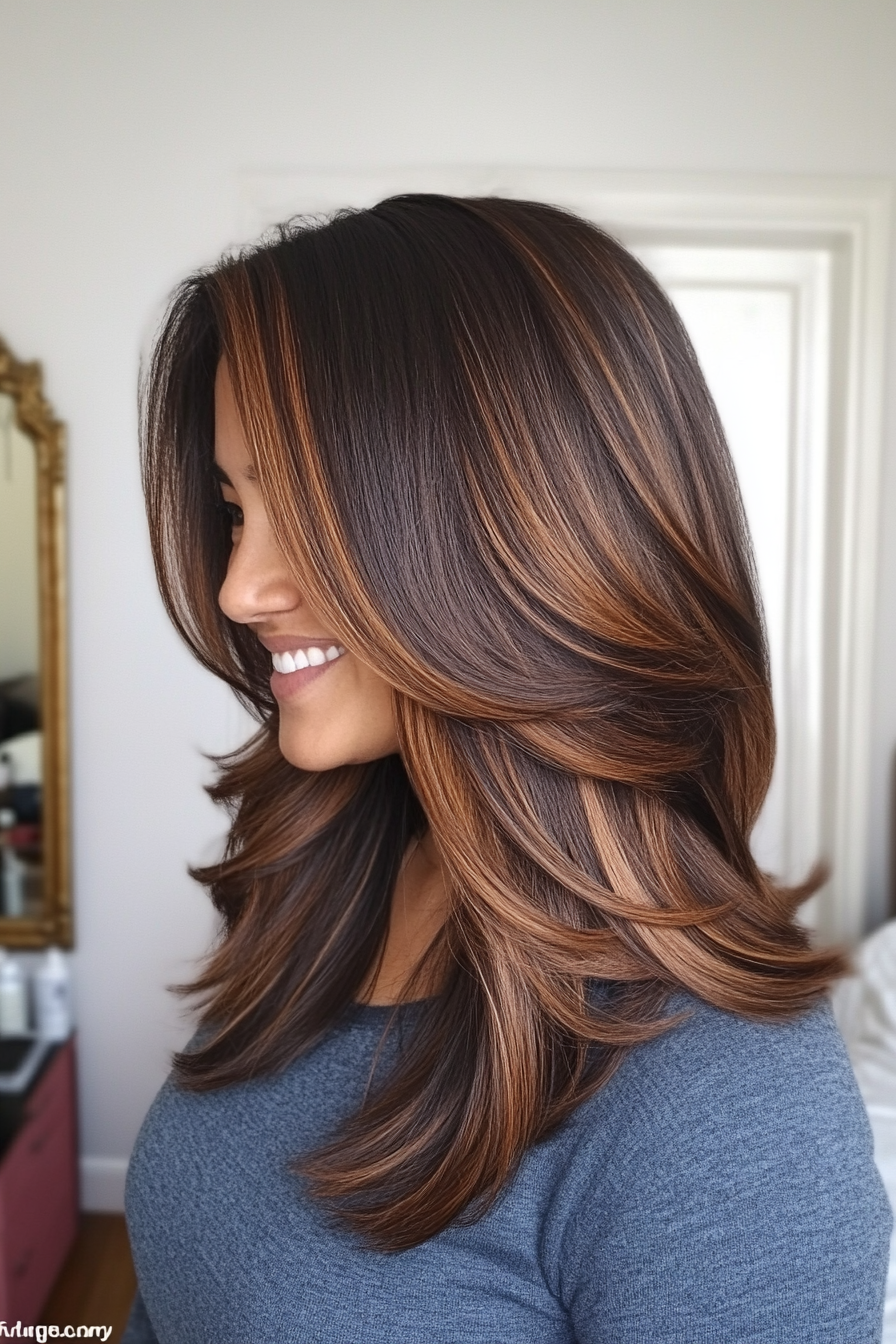 15. Long Layers with Cinnamon Accents (Shoulder Length Hairstyles) - Shoulder Length Hairstyles