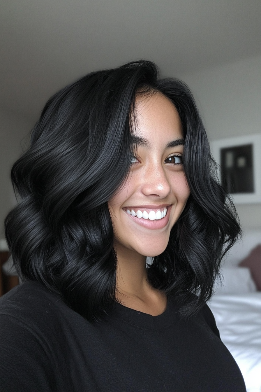 16. Curled Ends with Soft Black Hue (Shoulder Length Hairstyles) - Shoulder Length Hairstyles