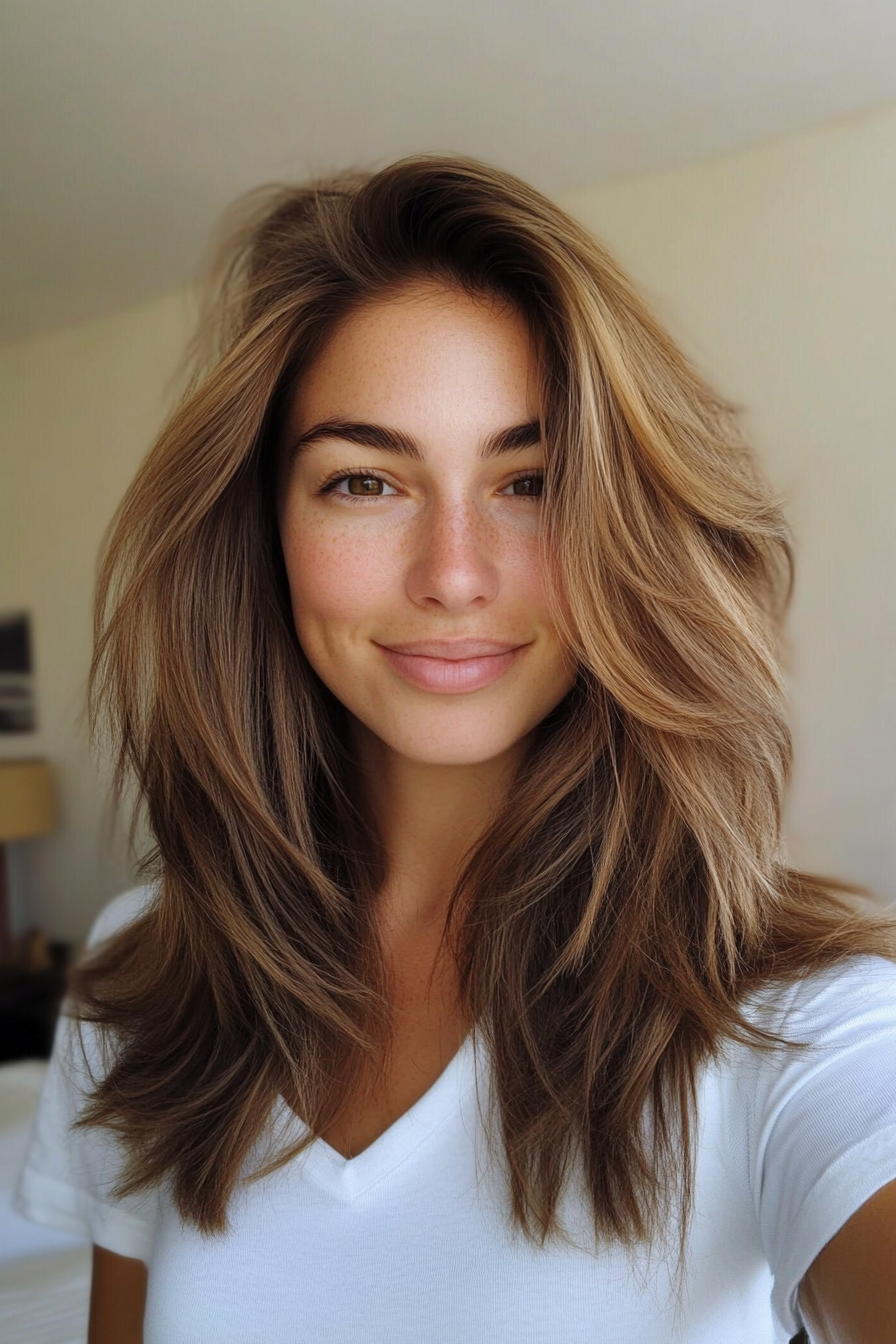 17. Wispy Layers with Sandy Brown Highlights (Shoulder Length Hairstyles) - Shoulder Length Hairstyles