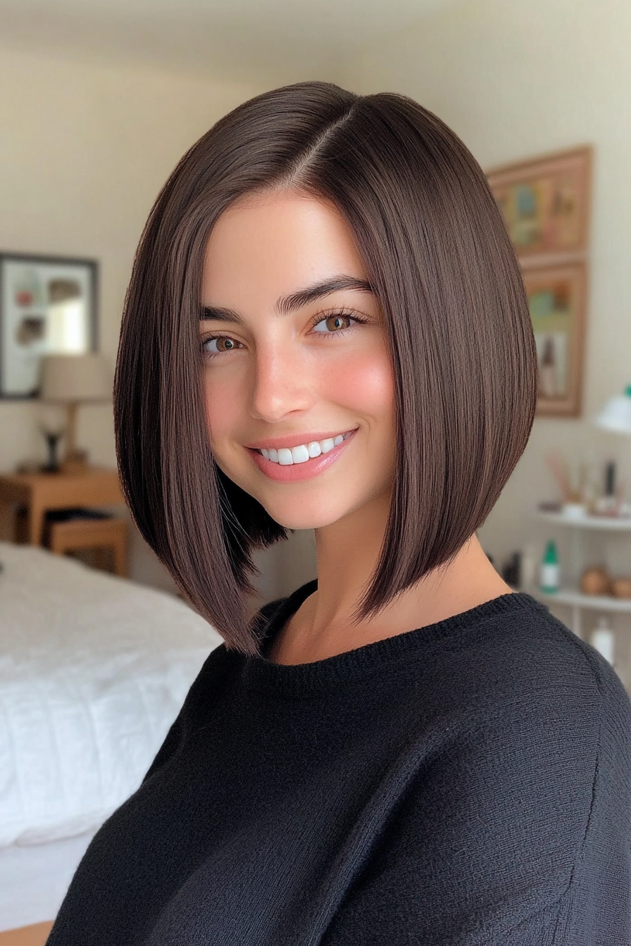 18. Blunt Lob with Natural Dark Brunette (Shoulder Length Hairstyles) - Shoulder Length Hairstyles