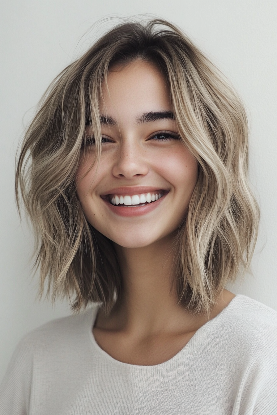 20. Messy Lob with Ash Blonde Balayage (Shoulder Length Hairstyles) - Shoulder Length Hairstyles