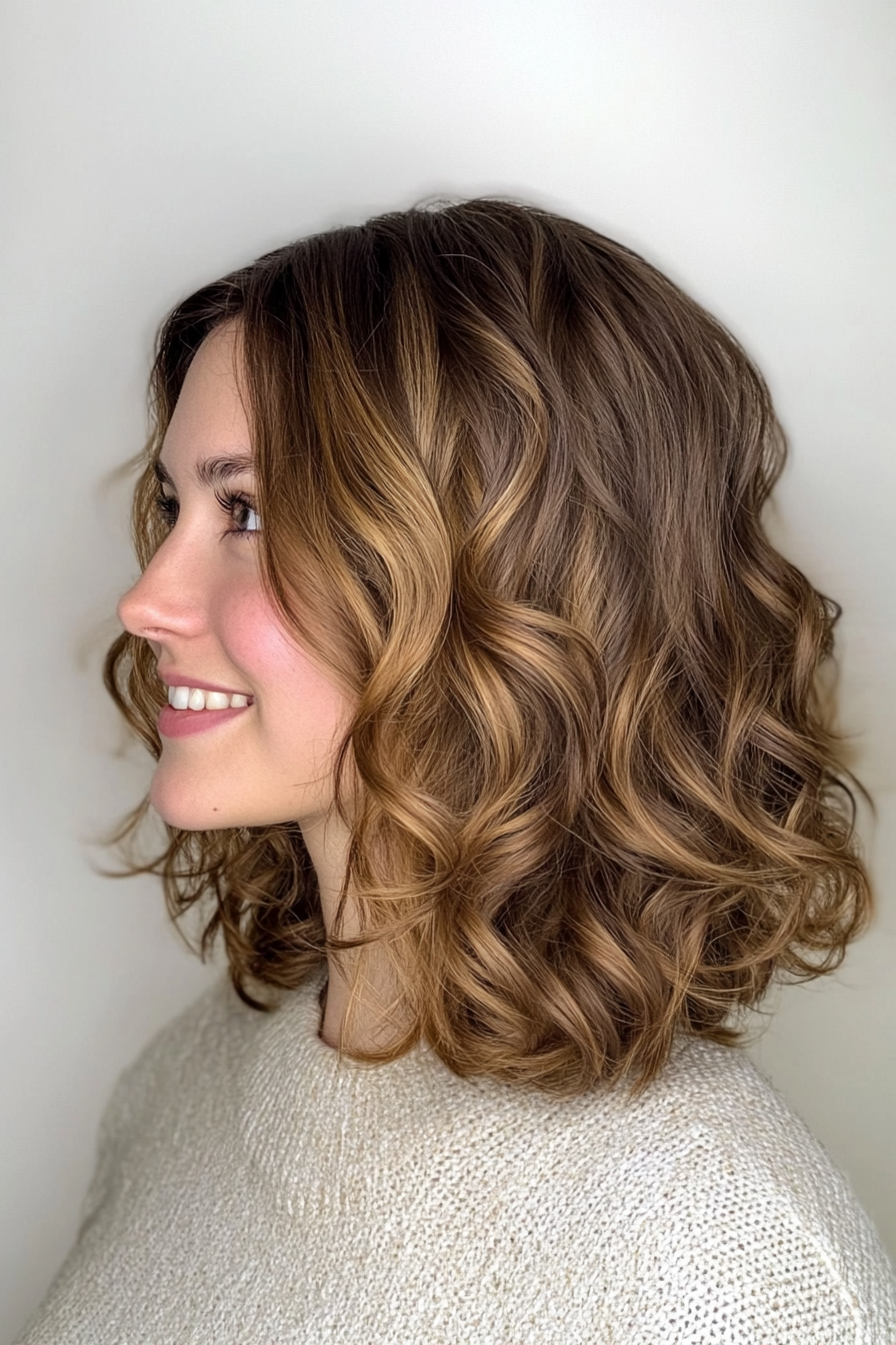 23. Curled Lob with Natural Honey Brown (Shoulder Length Hairstyles) - Shoulder Length Hairstyles