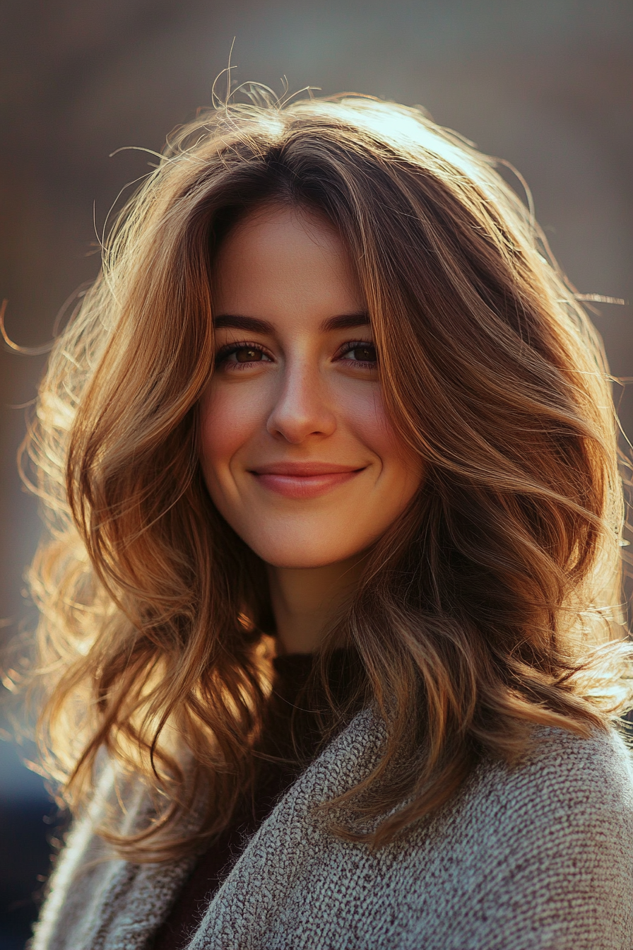 24. Wavy Layers with Bronze Highlights (Shoulder Length Hairstyles) - Shoulder Length Hairstyles