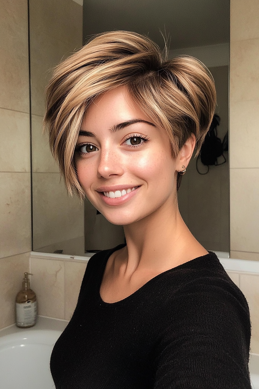 9. Golden Brown Crown-Layered Pixie (Long Pixie Cuts) - Long Pixie Cuts