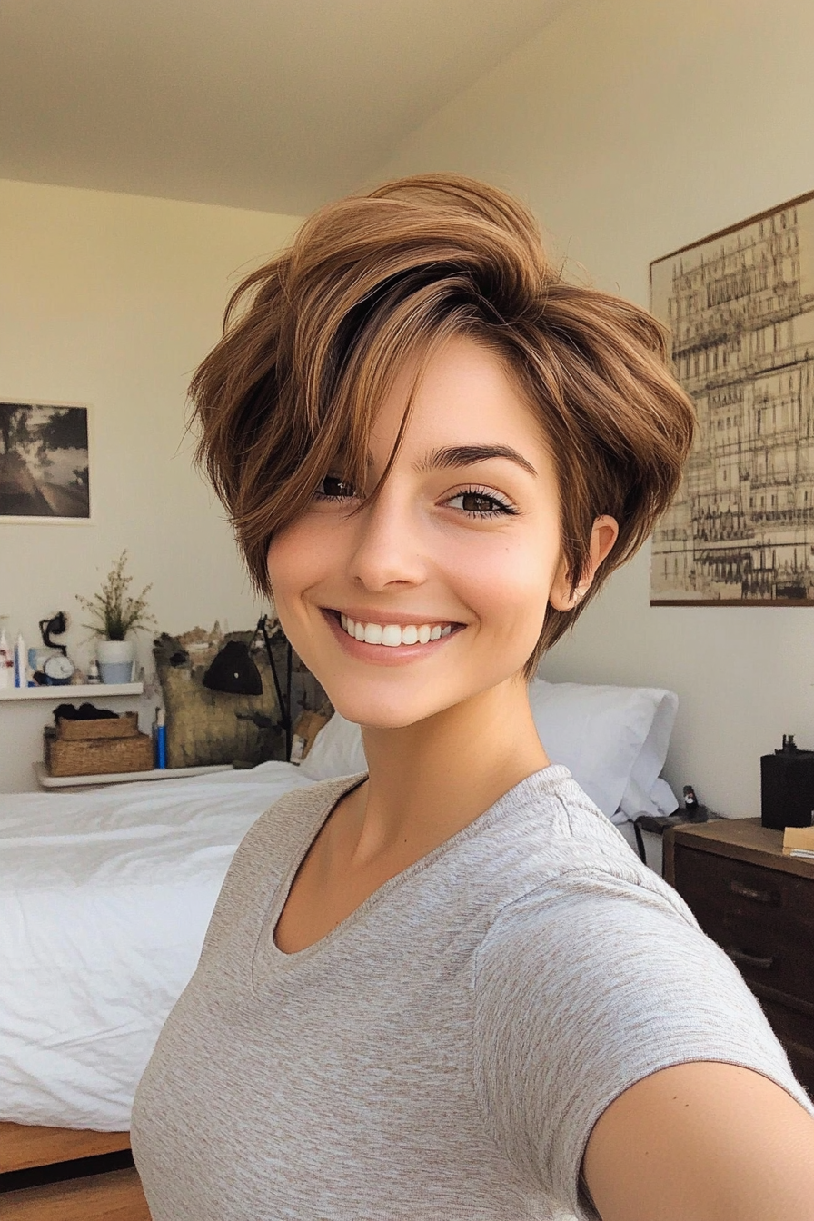 15. Honey Brown Voluminous Pixie (Long Pixie Cuts) - Long Pixie Cuts