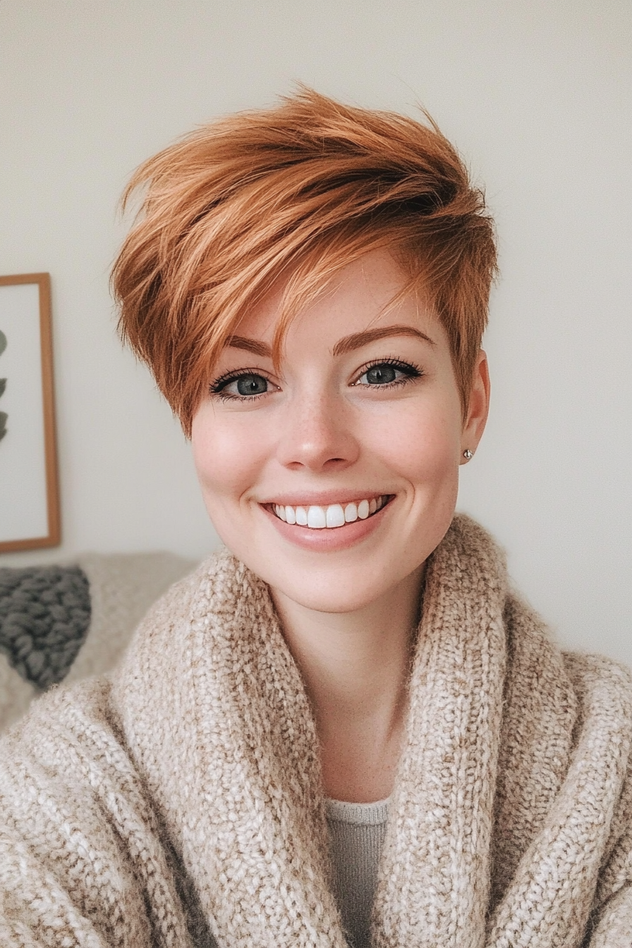 24. Golden Auburn Feathered Pixie (Long Pixie Cuts) - Long Pixie Cuts