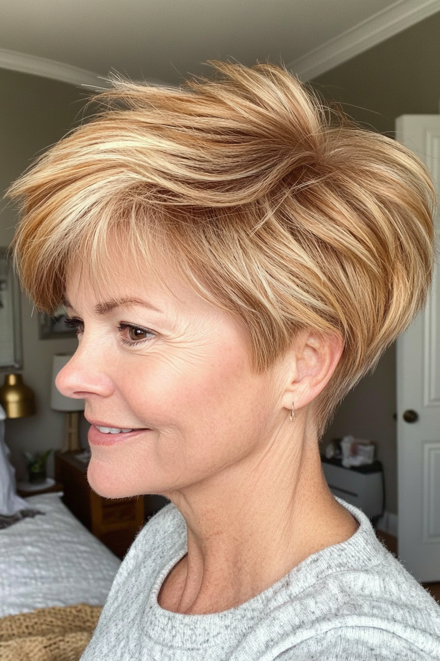 4. Feathered Pixie with Golden Blonde Highlights (Pixie Hairstyles For Women Over 50) - Pixie Hairstyles For Women Over 50