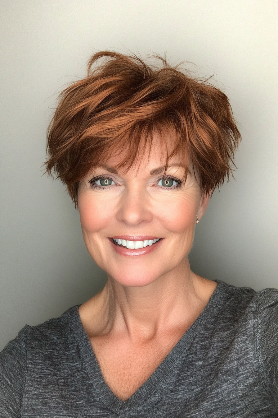 5. Textured Pixie with Warm Auburn Tones (Pixie Hairstyles For Women Over 50) - Pixie Hairstyles For Women Over 50