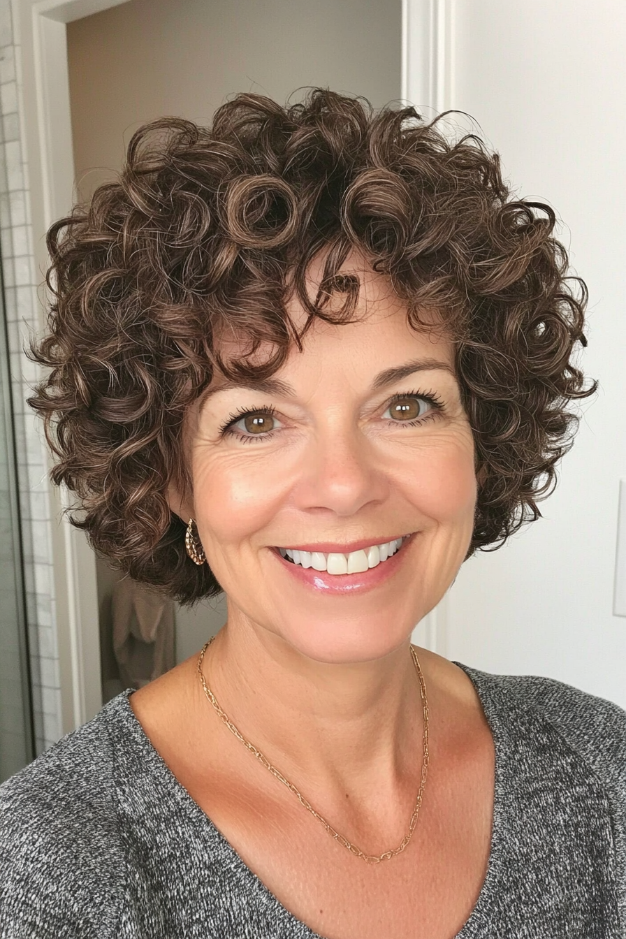 6. Curly Pixie with Deep Brown Accents (Pixie Hairstyles For Women Over 50) - Pixie Hairstyles For Women Over 50
