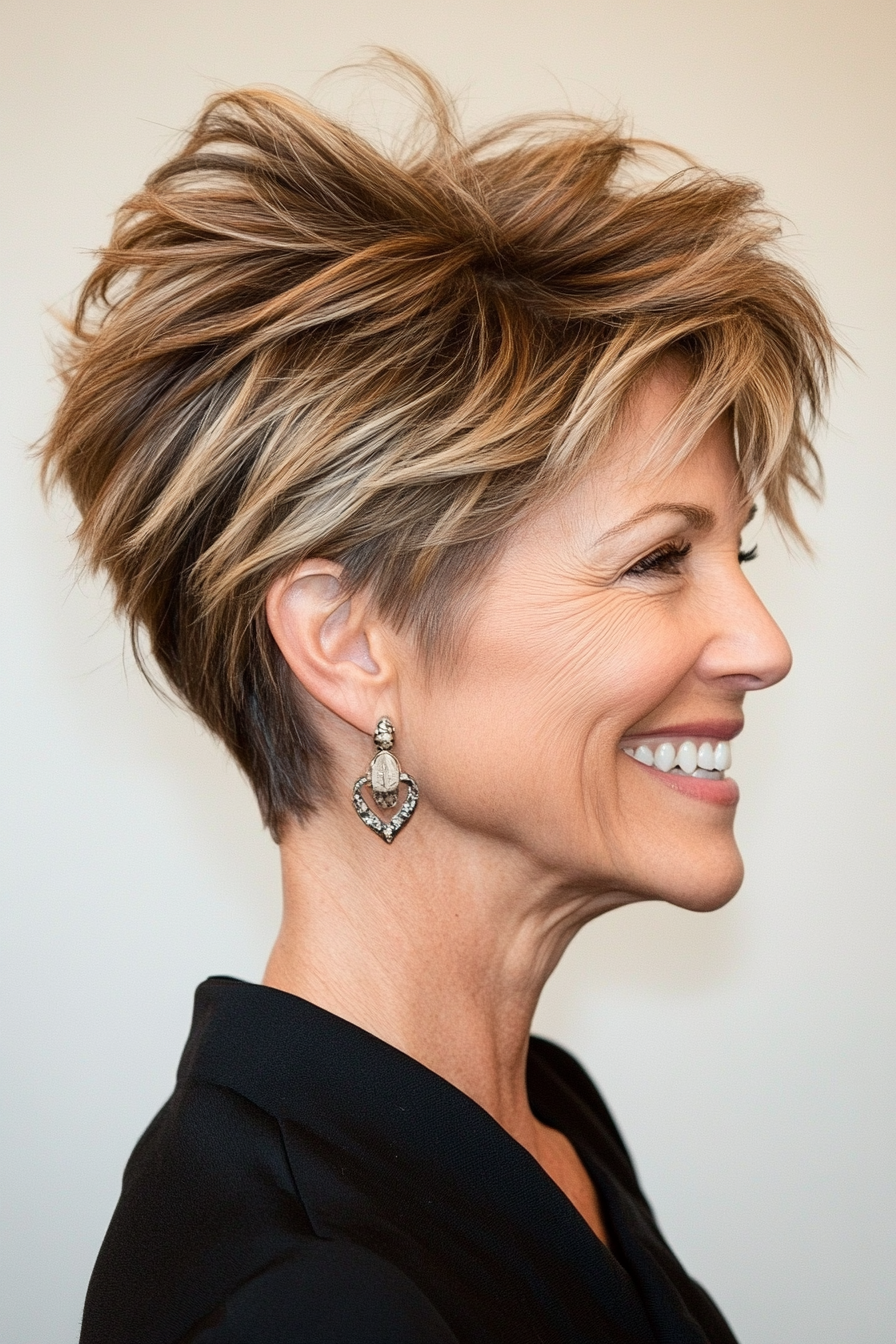 9. Voluminous Pixie with Caramel Balayage (Pixie Hairstyles For Women Over 50) - Pixie Hairstyles For Women Over 50