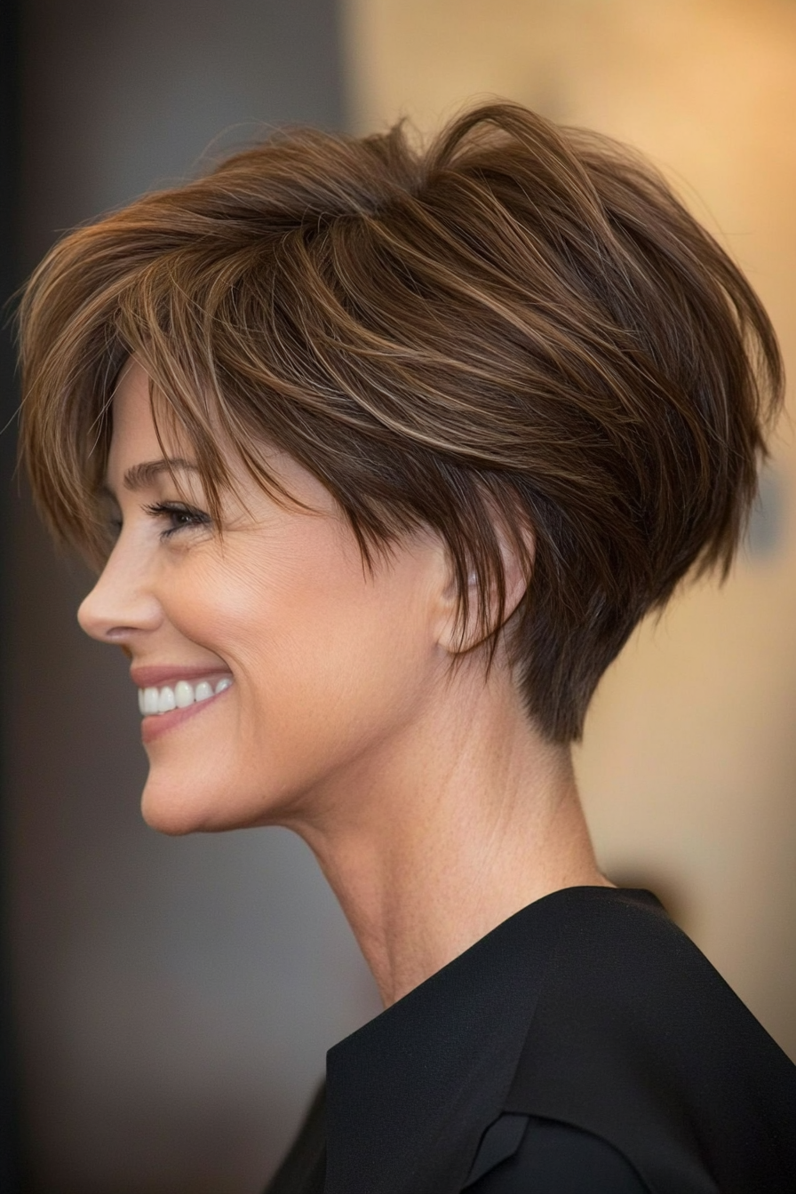 12. Asymmetrical Pixie with Warm Mocha Brown (Pixie Hairstyles For Women Over 50) - Pixie Hairstyles For Women Over 50