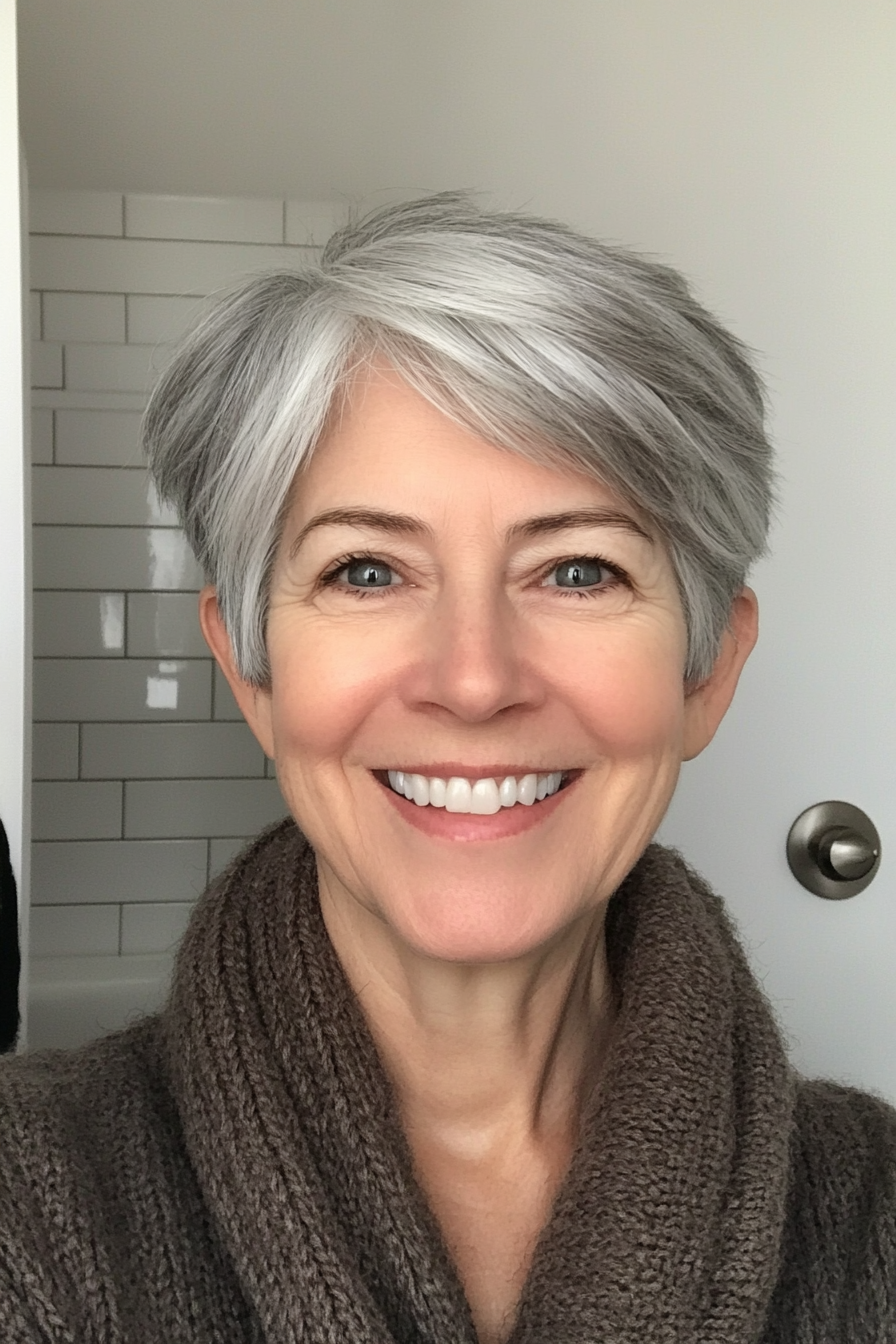13. Layered Pixie with Soft Gray Blend (Pixie Hairstyles For Women Over 50) - Pixie Hairstyles For Women Over 50
