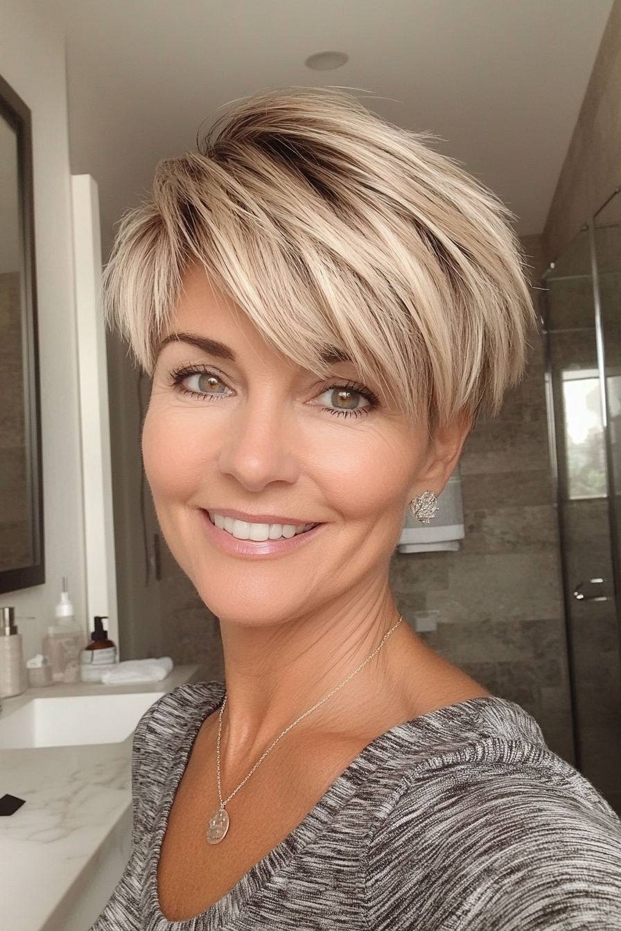 17. Layered Crop with Icy Blonde Highlights (Pixie Hairstyles For Women Over 50) - Pixie Hairstyles For Women Over 50