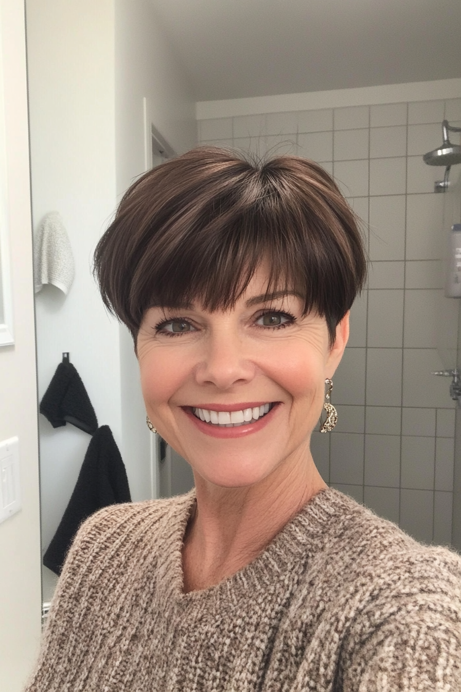 18. Fringe Pixie with Mahogany Brown Luster (Pixie Hairstyles For Women Over 50) - Pixie Hairstyles For Women Over 50