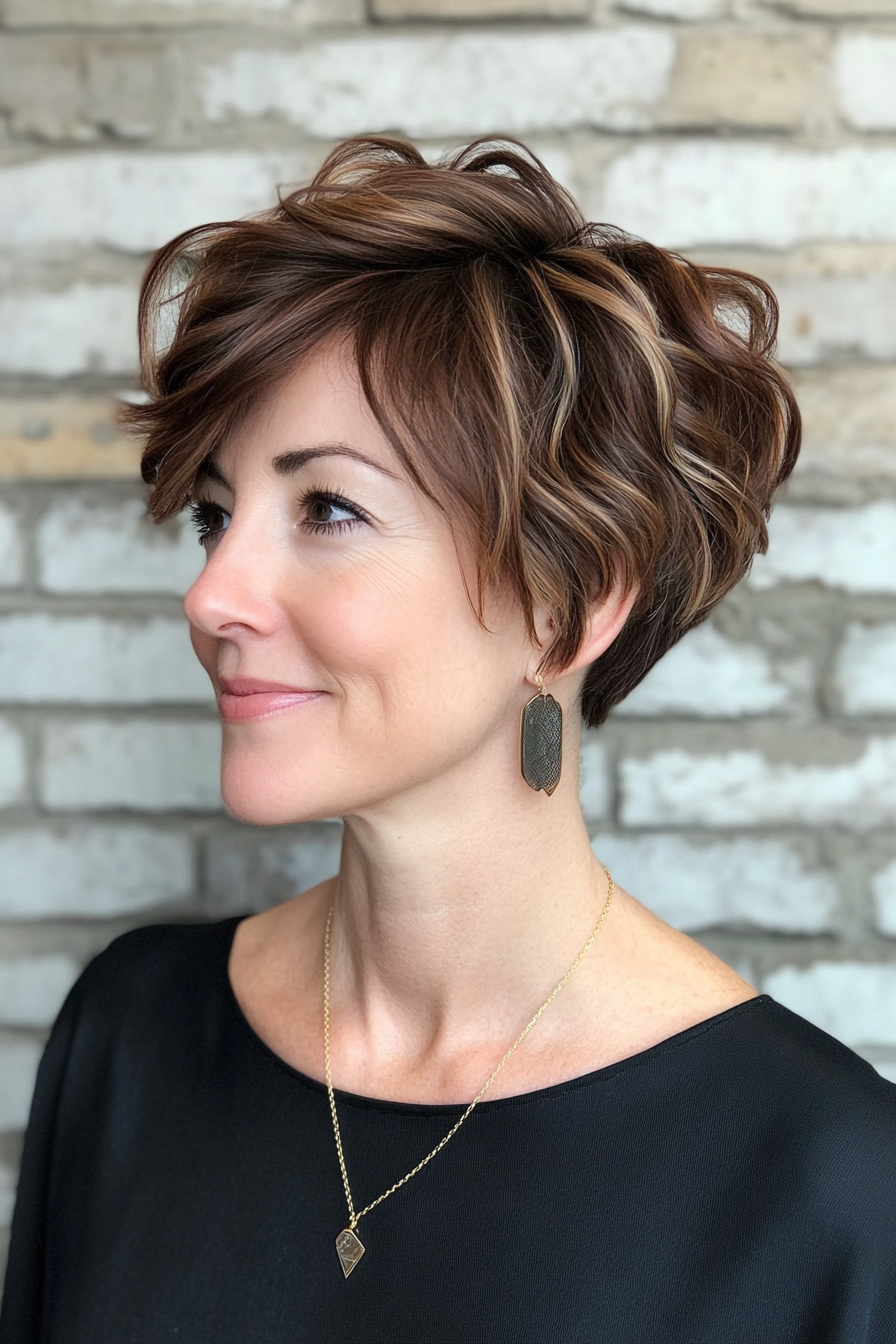 19. Wavy Pixie with Chestnut Ombre (Pixie Hairstyles For Women Over 50) - Pixie Hairstyles For Women Over 50