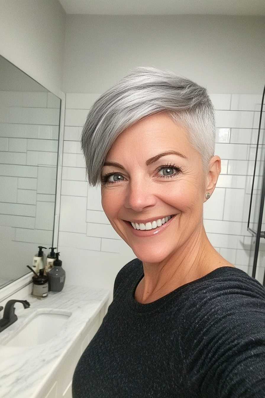 20. Blunt Pixie with Smoky Gray Hues (Pixie Hairstyles For Women Over 50) - Pixie Hairstyles For Women Over 50
