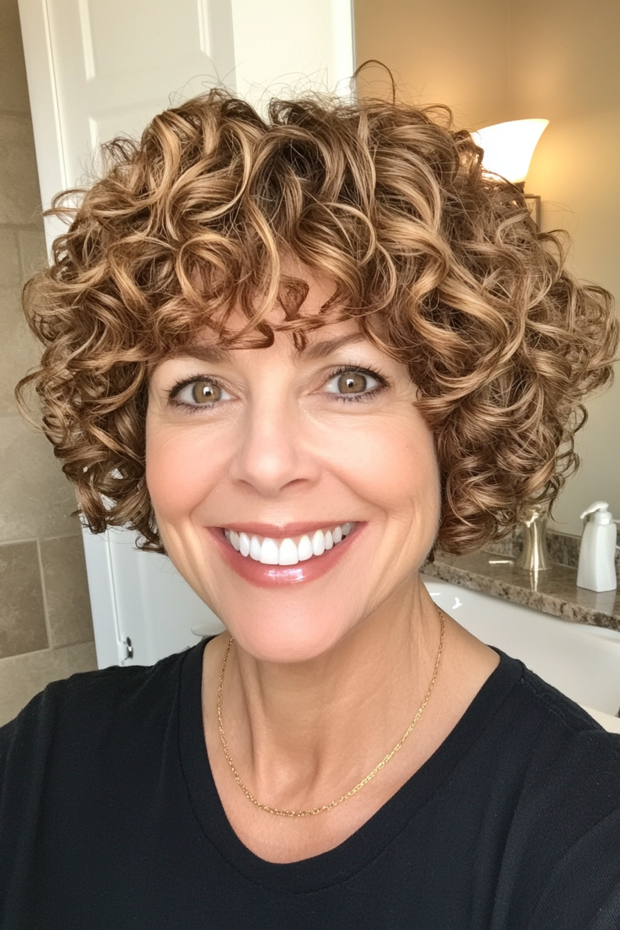 21. Curled Crop with Golden Brown Shine (Pixie Hairstyles For Women Over 50) - Pixie Hairstyles For Women Over 50