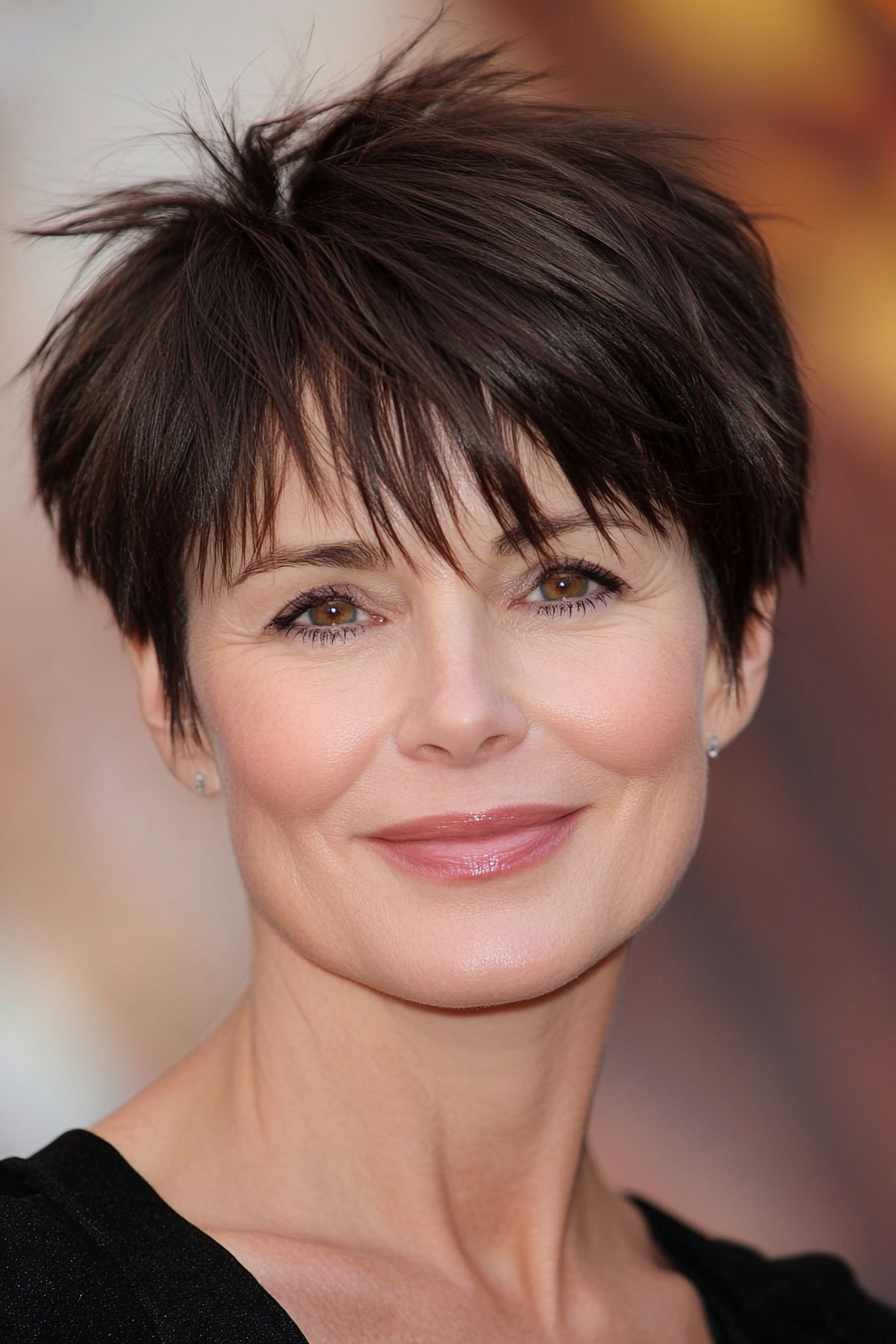 22. Pixie with Baby Bangs in Dark Chocolate Brown (Pixie Hairstyles For Women Over 50) - Pixie Hairstyles For Women Over 50