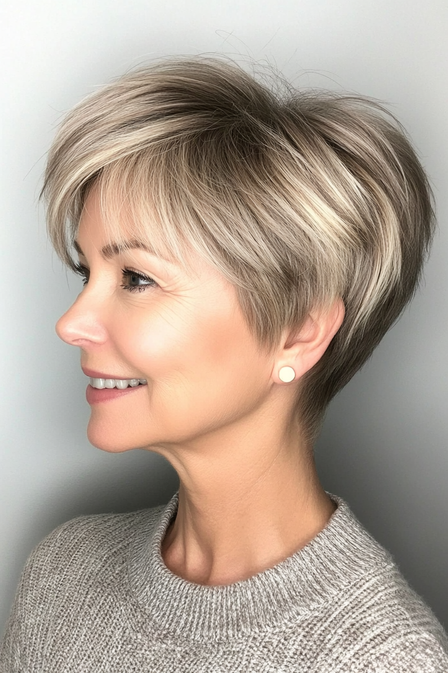 24. Stacked Pixie with Soft Blonde Streaks (Pixie Hairstyles For Women Over 50) - Pixie Hairstyles For Women Over 50