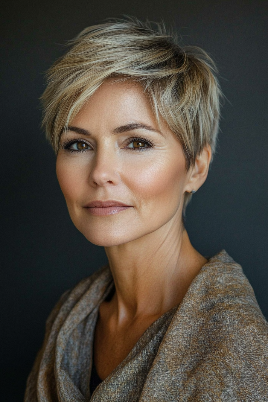 25. Razored Pixie with Tawny Brown Undertones (Pixie Hairstyles For Women Over 50) - Pixie Hairstyles For Women Over 50