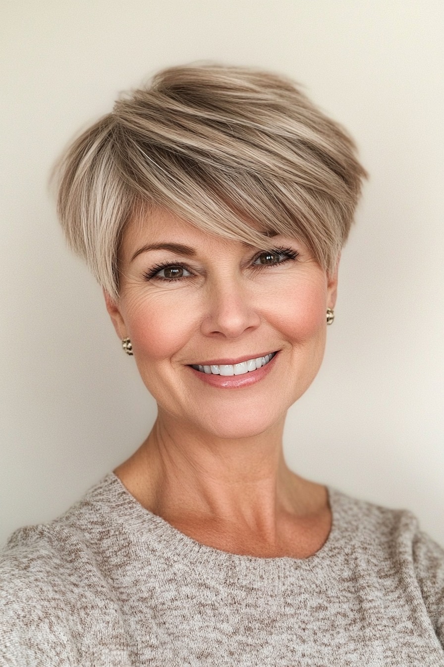 27. Crooked Fringe Pixie with Warm Beige Blonde (Pixie Hairstyles For Women Over 50) - Pixie Hairstyles For Women Over 50