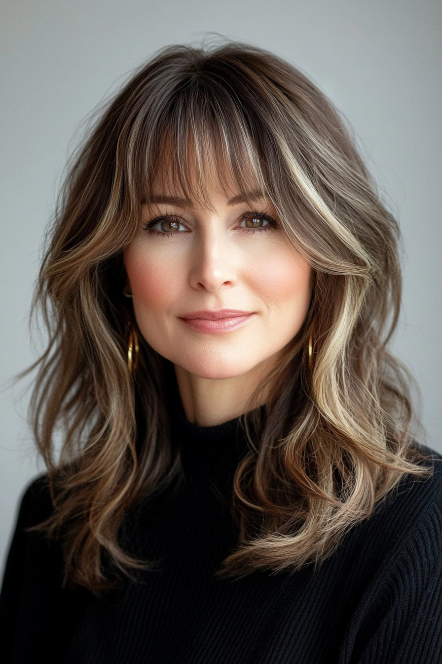 1. Classic Brunette Shag with Curtain Bangs (Haircuts With Bangs And Layers) - Haircuts With Bangs And Layers