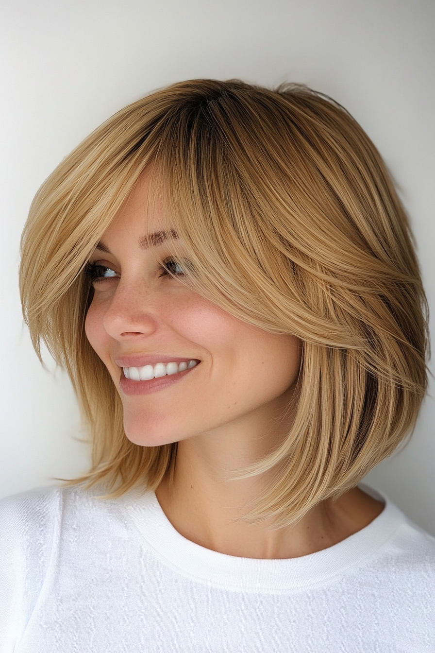 2. Golden Blonde Layered Bob with Side Bangs (Haircuts With Bangs And Layers) - Haircuts With Bangs And Layers