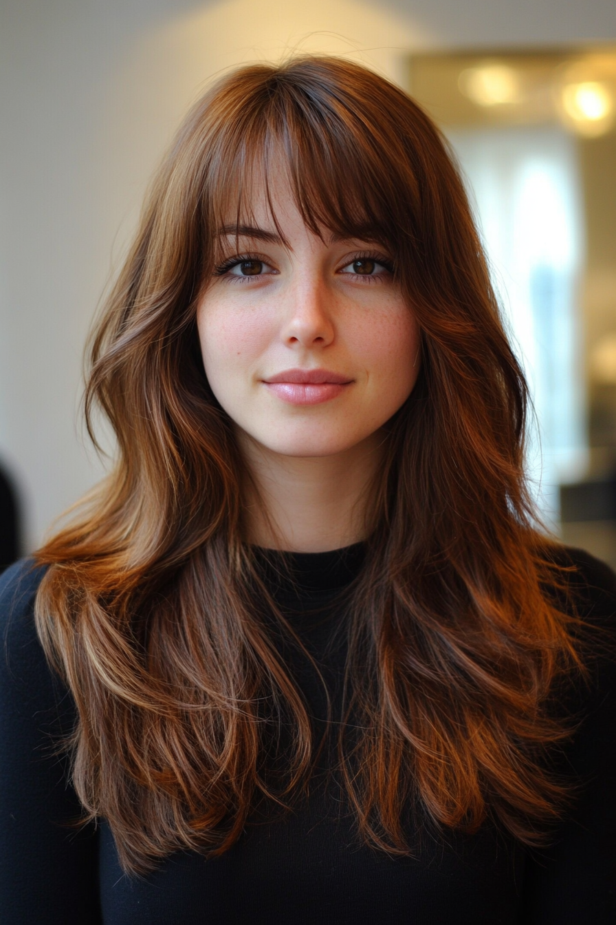 3. Chestnut Long Layers with Wispy Bangs (Haircuts With Bangs And Layers) - Haircuts With Bangs And Layers