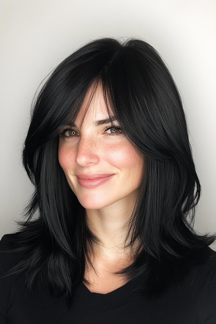 4. Jet Black Razor-Cut Layers with Blunt Bangs (Haircuts With Bangs And Layers) - Haircuts With Bangs And Layers