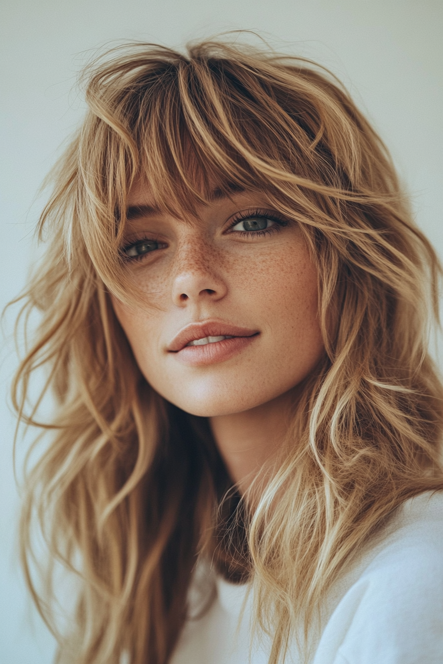 5. Sandy Blonde Beach Waves with Textured Bangs (Haircuts With Bangs And Layers) - Haircuts With Bangs And Layers